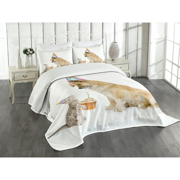 Ambesonne Birthday Quilted Bedspread Set 3 Pcs, Cat and Dog Birthday, Queen Size, Multicolor