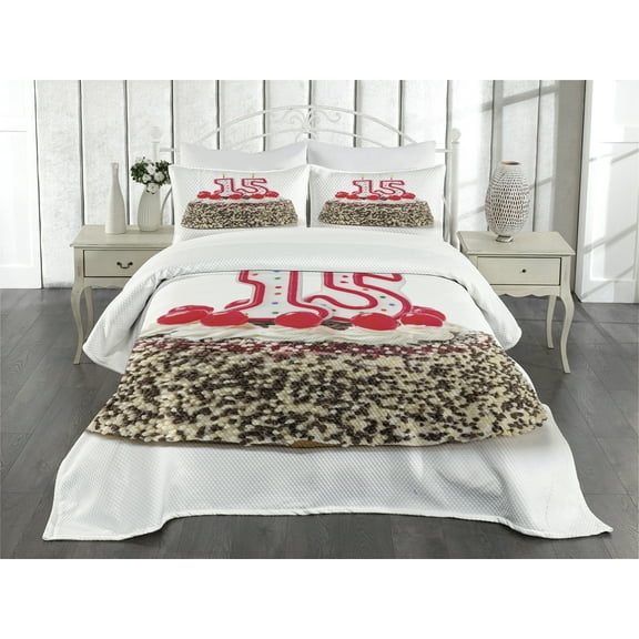 Ambesonne Birthday Quilted Bedspread Set 3 Pcs, Cherry Cake Candles, King Size, Multicolor
