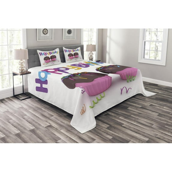 Ambesonne Birthday Quilted Bedspread Set 3 Pcs, Chocolate Cupcakes, Queen Size, Multicolor