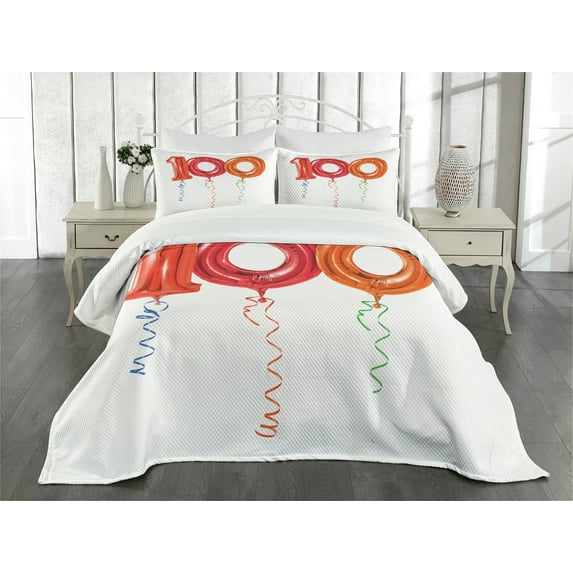 Ambesonne Birthday Quilted Bedspread Set 3 Pcs, Flying Balloons Art, Queen Size, Red Orange and Hot Pink