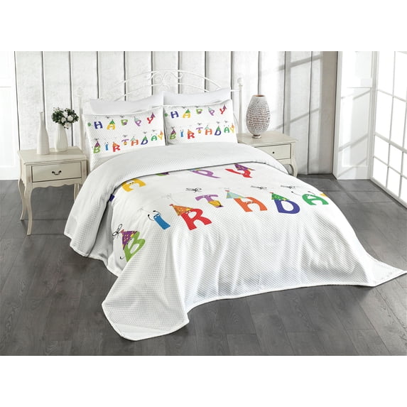 Ambesonne Birthday Quilted Bedspread Set 3 Pcs, Funny Letters on Faces, Queen Size, Multicolor