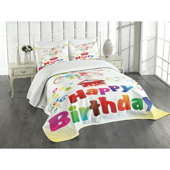 Ambesonne Birthday Quilted Bedspread Set 3 Pcs, Gift Box Colorful Stars, Queen Size, Multicolor