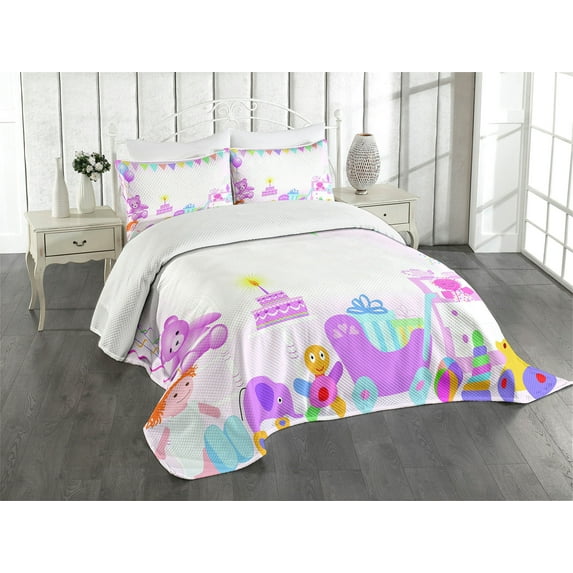 Ambesonne Birthday Quilted Bedspread Set 3 Pcs, Girl Birthday, Queen Size, Pale Pink