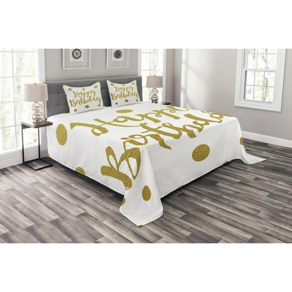 Ambesonne Birthday Quilted Bedspread Set 3 Pcs, Hand Writing Greeting, King Size, Yellow White