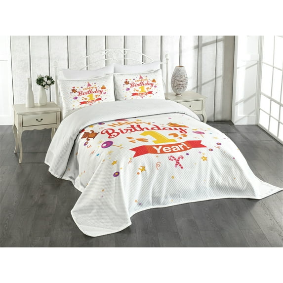 Ambesonne Birthday Quilted Bedspread Set 3 Pcs, Party with Cones Bear, King Size, Red Marigold and Purple