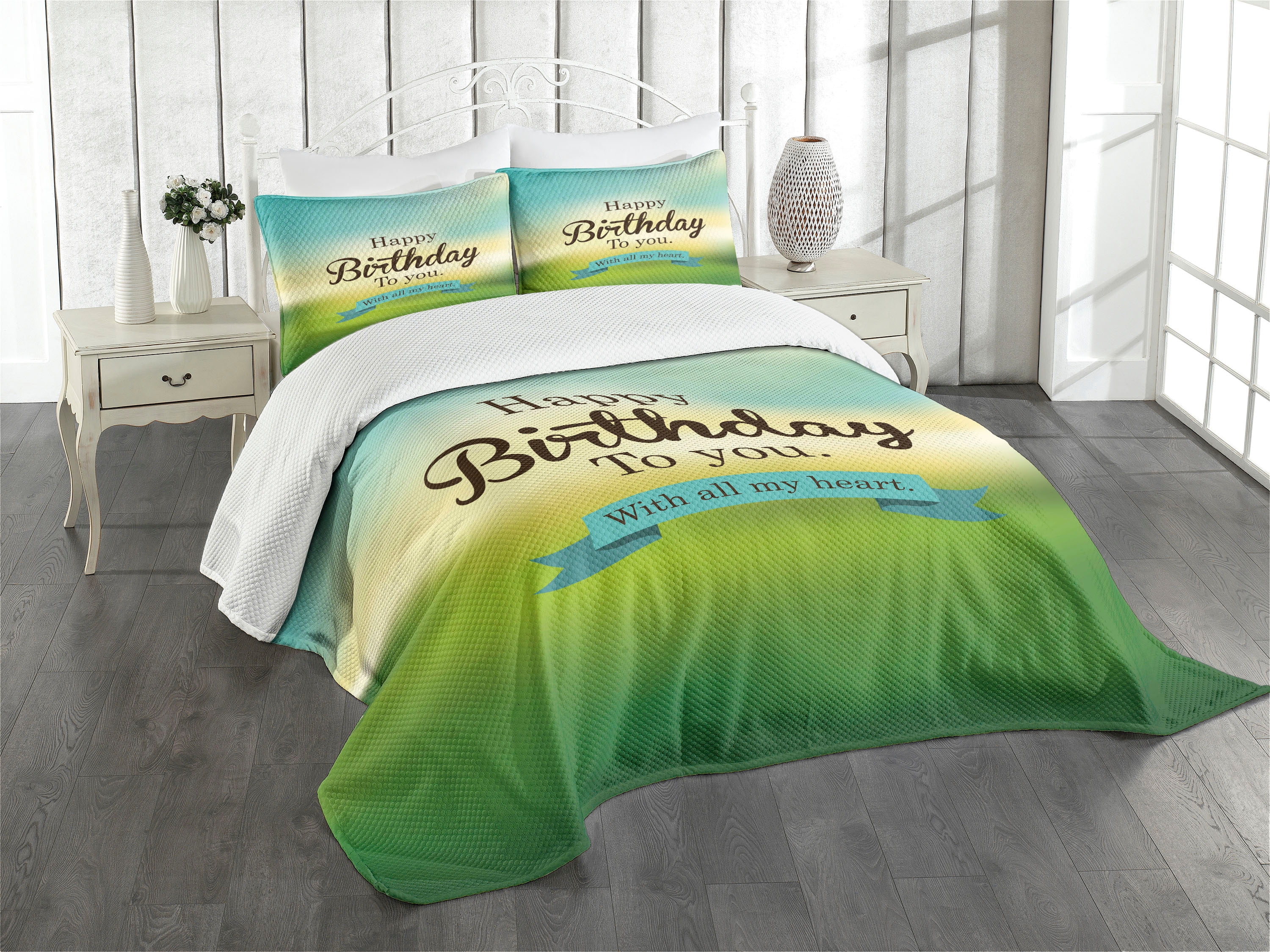 White Quilted Queen Bedspread Set with Birthday Design