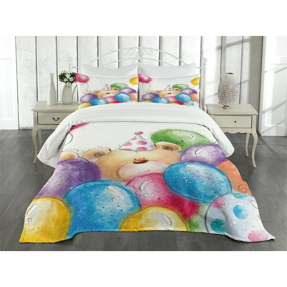 Ambesonne Birthday Quilted Bedspread Set 3 Pcs, Sketchy Bear Balloons, Queen Size, Multicolor