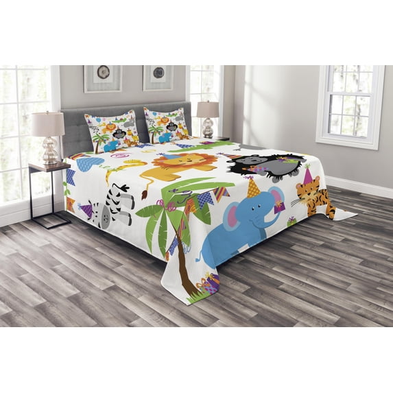 Ambesonne Birthday Quilted Bedspread Set 3 Pcs, Wild Animals Birthday, King Size, Multicolor