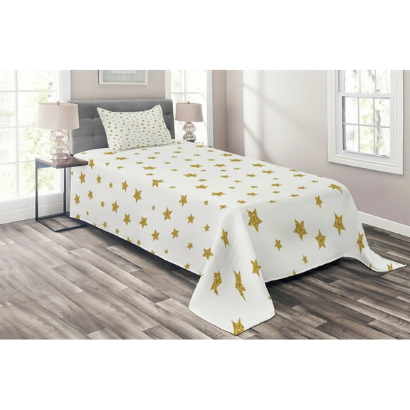 Ambesonne Birthday Quilted Coverlet 2 Pcs, Yellow Stars Pattern, Twin Size, Yellow and White