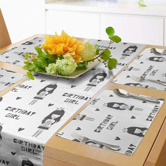 Ambesonne Birthday Table Runner & Placemats, Little Girl with Gift Box, Placemat 4 pcs + Runner 14"x72", White Grey and Charcoal Grey