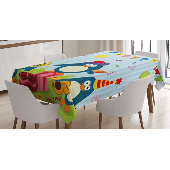 Ambesonne Birthday Tablecloth Rectangular Table Cover, Birthday Penguin, 60"x84", Fern Green Pale Blue
