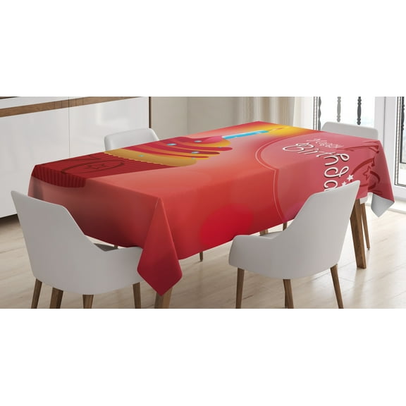 Ambesonne Birthday Tablecloth Rectangular Table Cover, Cupcake Abstract, 60"x84", Red and Orange