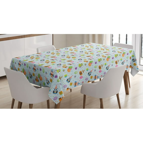 Ambesonne Birthday Tablecloth Rectangular Table Cover, Owls Cakes Presents, 52"x70", Multicolor