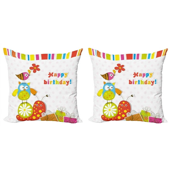 Ambesonne Birthday Throw Pillow Cover 2 Pack, Birthday Owls Birds, 18", Multicolor