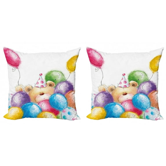 Ambesonne Birthday Throw Pillow Cover 2 Pack, Sketchy Bear Balloons, 24", Multicolor