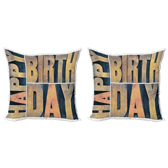 Ambesonne Birthday Throw Pillow Cover 2 Pack, Wooden Printing Blocks, 16", Pale Brown Dark Blue
