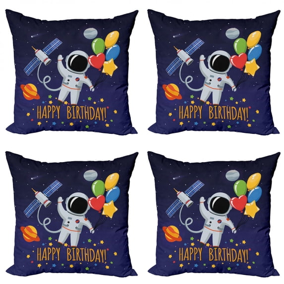 Ambesonne Birthday Throw Pillow Cover 4 Pack, Astronaut Balloon, 24", Multicolor