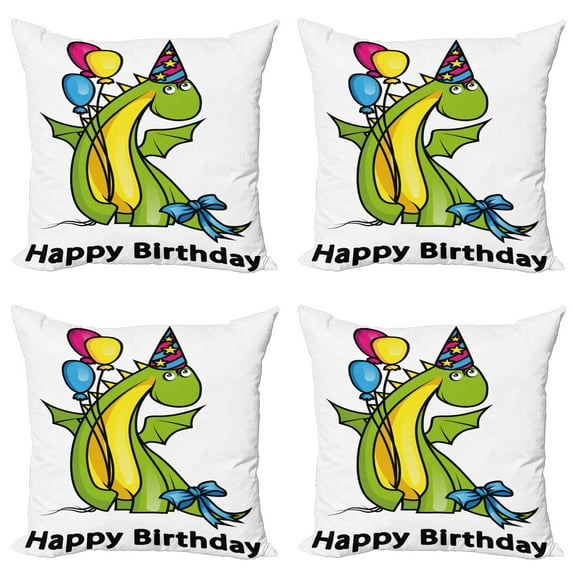 Ambesonne Birthday Throw Pillow Cover 4 Pack, Birthday Dinosaur, 20", Fern Green Yellow