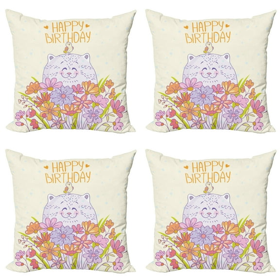 Ambesonne Birthday Throw Pillow Cover 4 Pack, Happy Cat Bird Flowers, 16", Pale Yellow Lilac Orange