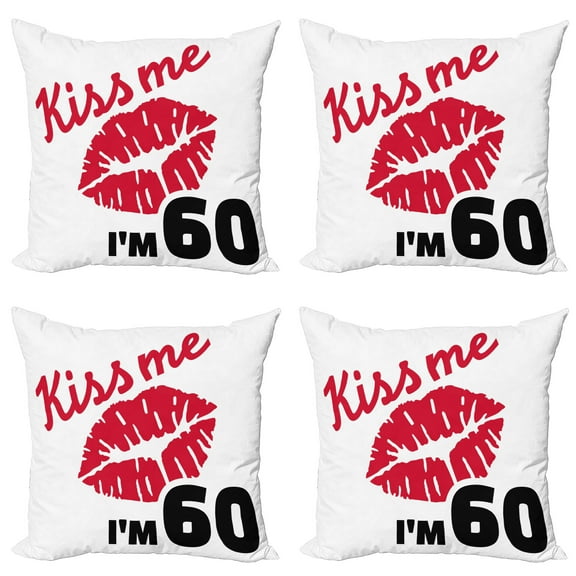 Ambesonne Birthday Throw Pillow Cover 4 Pack, Kiss Me I am 60 Words, 18", Black Red