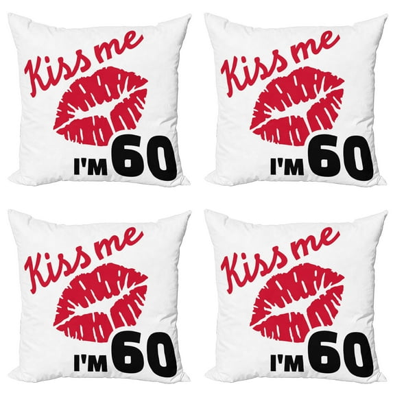 Ambesonne Birthday Throw Pillow Cover 4 Pack, Kiss Me I am 60 Words, 18", Black Red