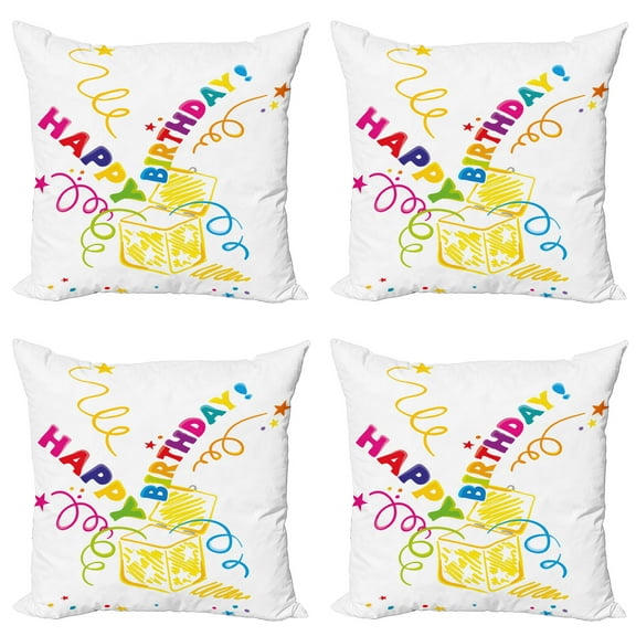 Ambesonne Birthday Throw Pillow Cover 4 Pack, Surprise in Box Doodle, 16", Multicolor