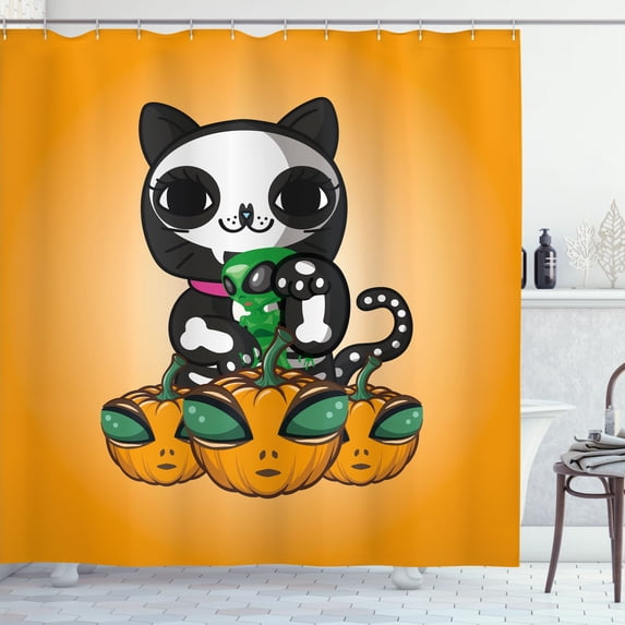 Ambesonne Black Cat Shower Curtain, Kitten Alien Pumpkin Art, 69"Wx75"L, Apricot Charcoal Grey