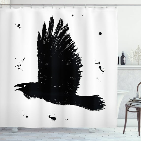 Ambesonne Black Crow Shower Curtain, Gothic Ink Sketch Bird, 69"Wx84"L, Charcoal Grey and White