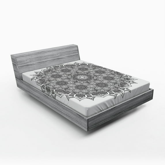 Ambesonne Black Fitted Sheet, Mandala Ottoman Floral, Queen Size, Black White
