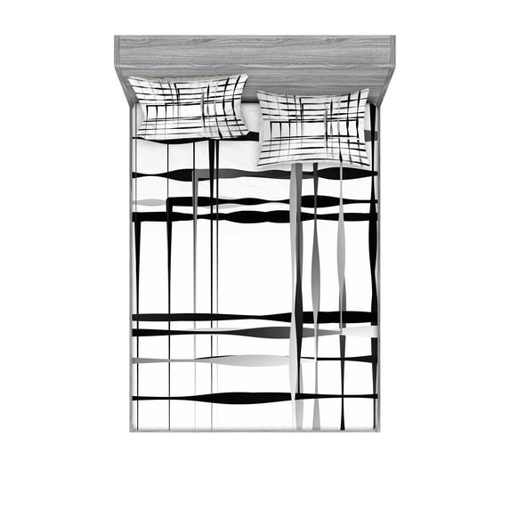 Ambesonne Black Fitted Sheet & Pillow Sham Set, Abstract Art Geometric, King, Black White