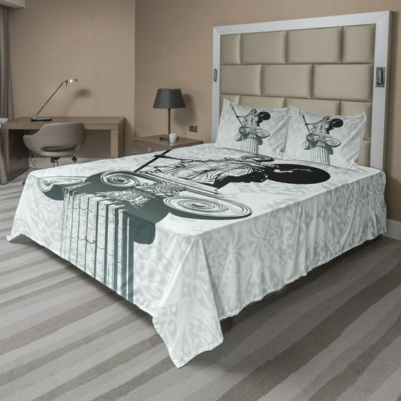 Ambesonne Black Fitted & Top Sheet Set with Shams, Greek Athena Baroque Damask, Pale Turquoise Black