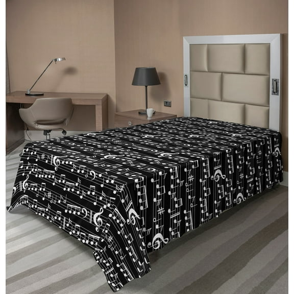 Ambesonne Black Flat Sheet, Musical Note Print, Twin Size, Black and White