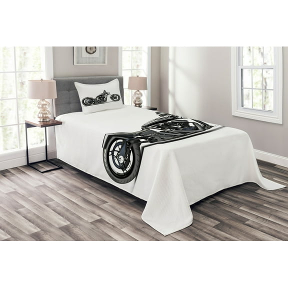 Ambesonne Black Grey Quilted Bedspread Set 2 Pcs, Custom Motorcycle, Twin Size, Grey Black White