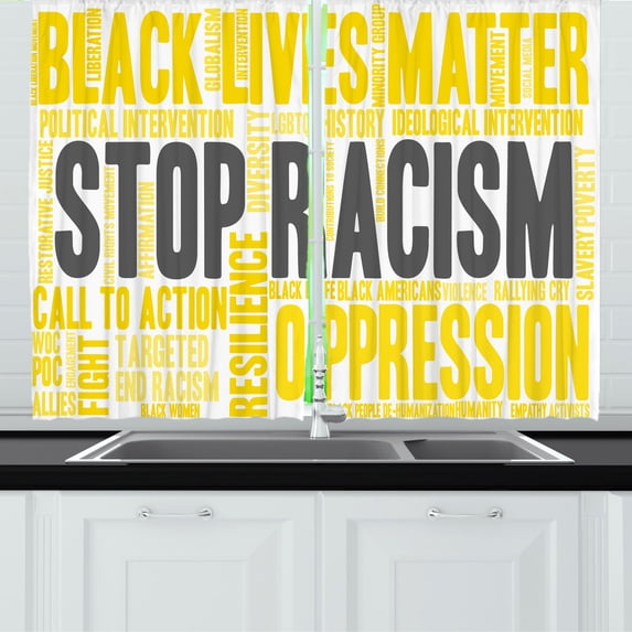 Ambesonne Black Lives Matter Kitchen Curtains, Stop Racism Art, 55"x45", Yellow Grey and White