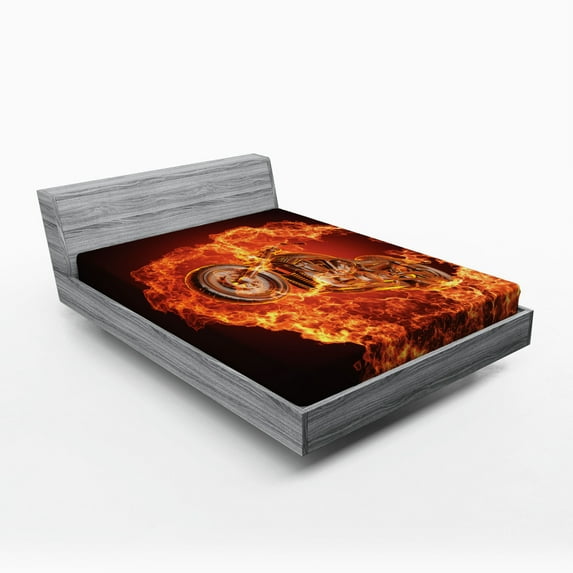 Ambesonne Black Orange Fitted Sheet, Dangerous Motorbike, Queen Size, Dark Orange Marigold