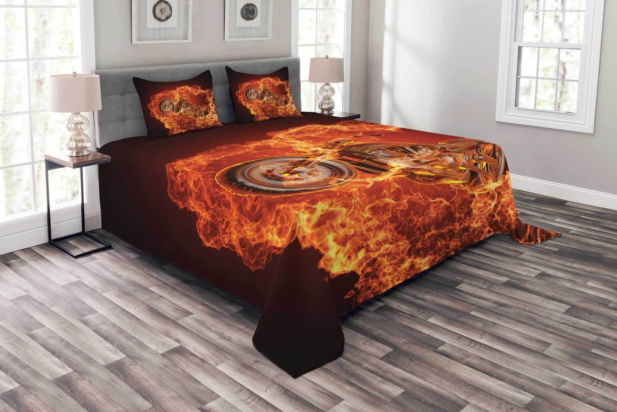 King Black Polyester Motorcycle Fire Print Bedspread Set