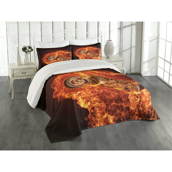 Ambesonne Black Orange Quilted Coverlet 3 Pcs, Dangerous Motorbike, King Size, Dark Orange Marigold