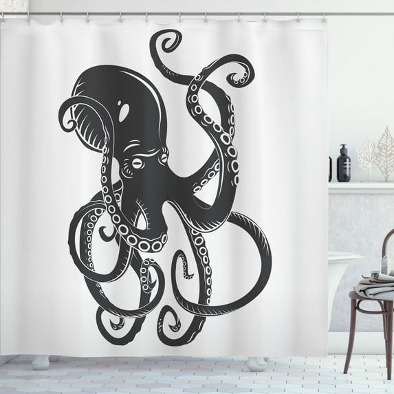Ambesonne Black Shower Curtain, Cartoon Octopus in Sea, 69"Wx75"L, Black
