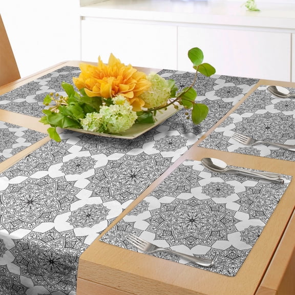 Ambesonne Black Table Runner & Placemats, Eastern Mosaic Patterns, Placemat 4 pcs + Runner 12"x72", Black