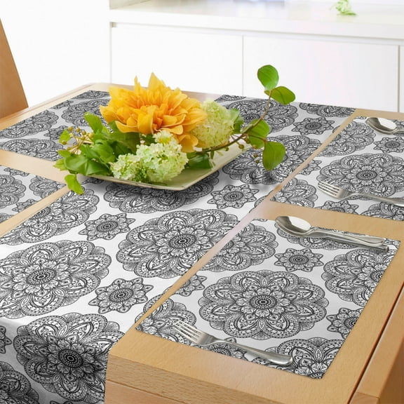 Ambesonne Black Table Runner & Placemats, Ornate Mandala Patterns, Placemat 4 pcs + Runner 12"x72", Black