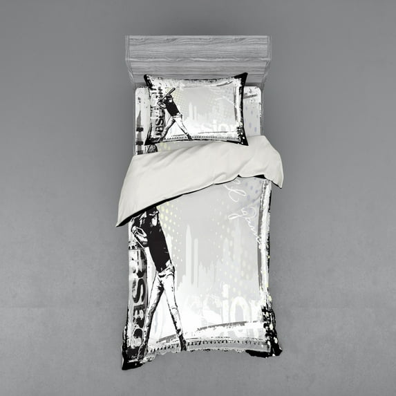 Ambesonne Black White Bedding Set 3 Pcs, Baseball Sketch Art, Twin, Black White