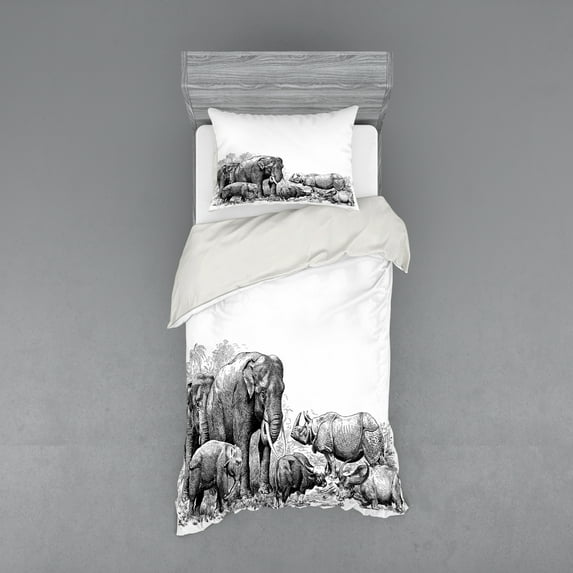 Ambesonne Black White Bedding Set 3 Pcs, Savannah Animals Sketch, Twin, White and Black