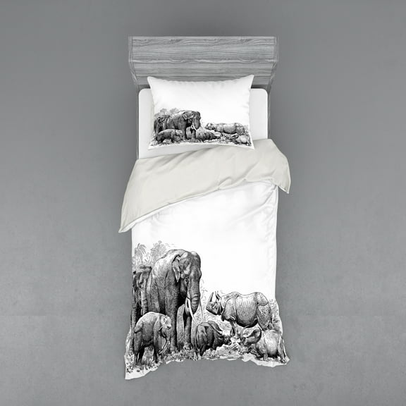 Ambesonne Black White Bedding Set 3 Pcs, Savannah Animals Sketch, Twin XL, White and Black