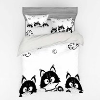 Ambesonne Black White Bedding Set 4 Pcs, 3 Kittens, Queen, Black and White