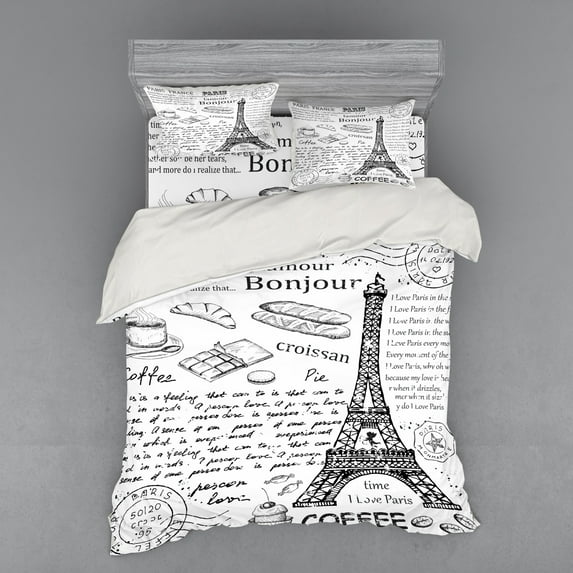 Ambesonne Black White Bedding Set 4 Pcs, Bonjour Croissan Coffee, Queen, Black White