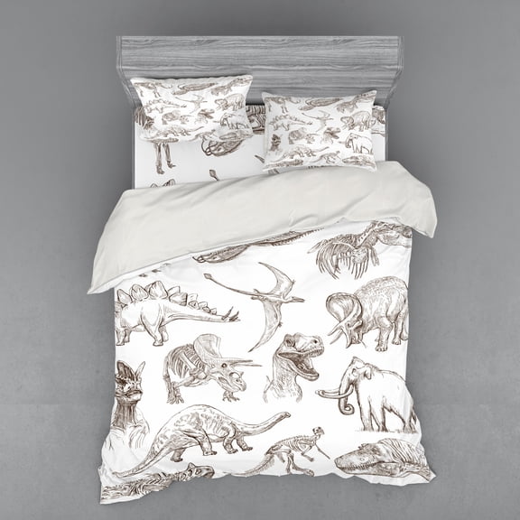 Ambesonne Black White Bedding Set 4 Pcs, Dinosaurs Skeleton, Queen, Dark Brown White
