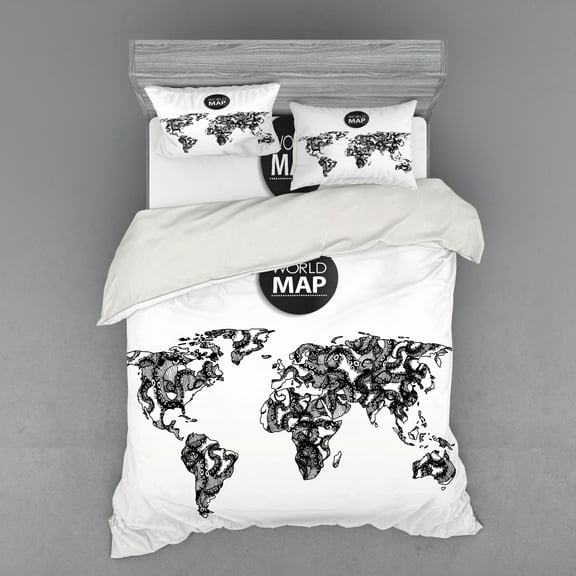 Ambesonne Black White Bedding Set 4 Pcs, Octopus World Map, Queen, Black White