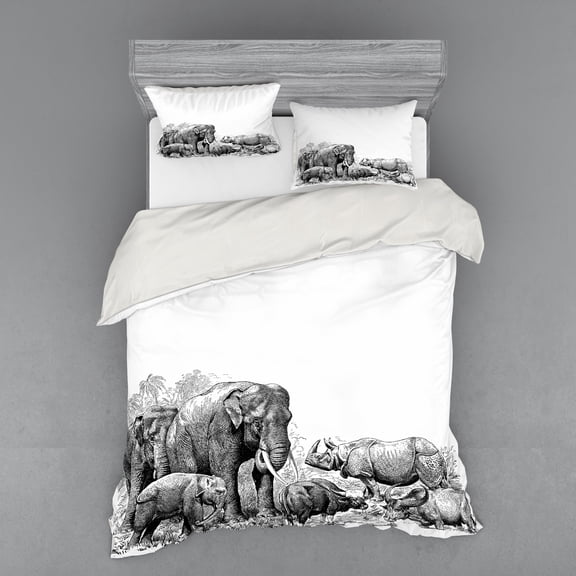 Ambesonne Black White Bedding Set 4 Pcs, Savannah Animals Sketch, Queen, White and Black