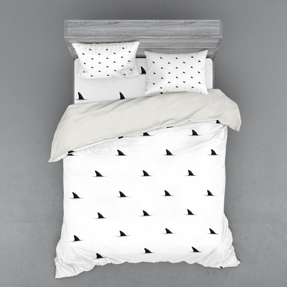 Ambesonne Black White Bedding Set 4 Pcs, Wild Shark Fish, Queen, White Black