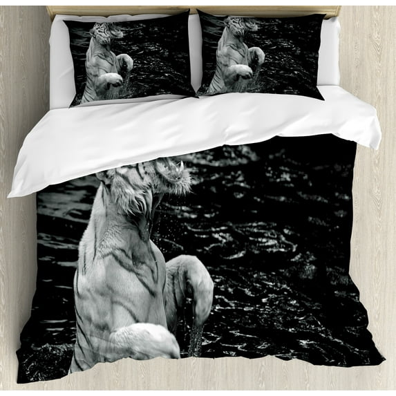 Ambesonne Black White Duvet Cover Set, Exotic White Tiger, Calking, Charcoal Grey Pale Grey